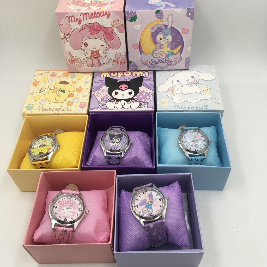 Anime Sanrio PU Leather Electronic Watch Kulomi Big Ear Dog Melody Children's Watch Gift Belt Gift Box