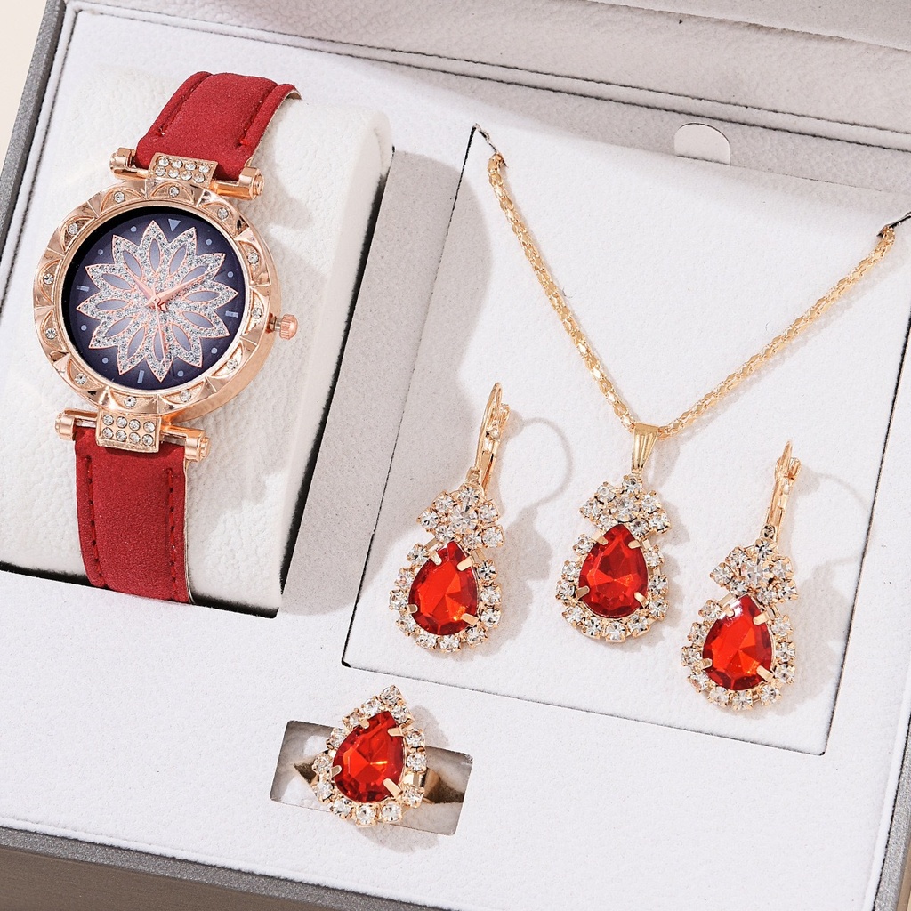 Luxury Set Fashionable All-match Large Rhinestone Belt Women's Four-piece Set Gift Box Quartz Wrist Watch No Gift Box