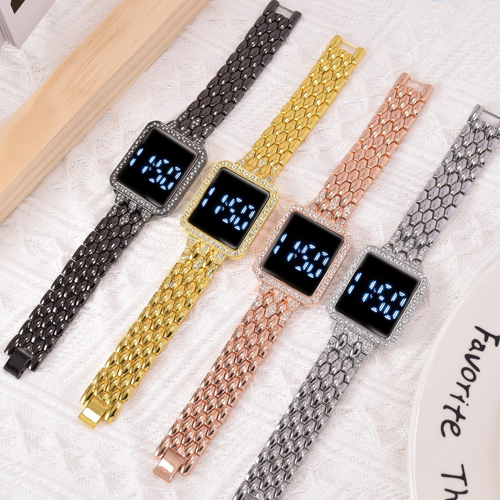 Korean Style Square Diamond-encrusted led Simple Steel Band Touch Women's Watch Casual Fashion Women's Trendy Electronic Watch