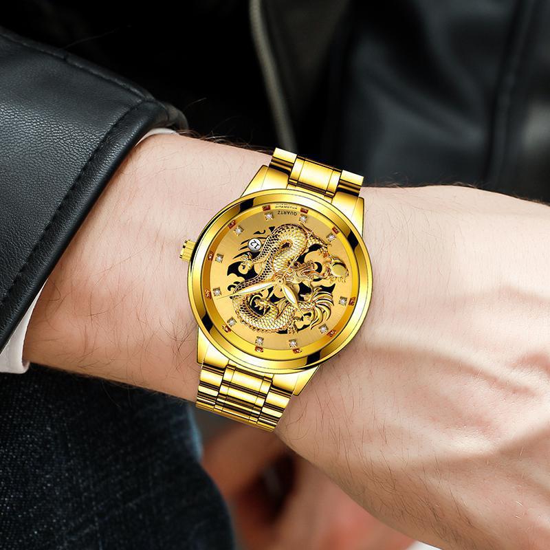 Tees Gold Embossed Gold Men's Watch Non-mechanical Gold Men's Watch Explosive Mature Steel Band Watch Dragon Watch