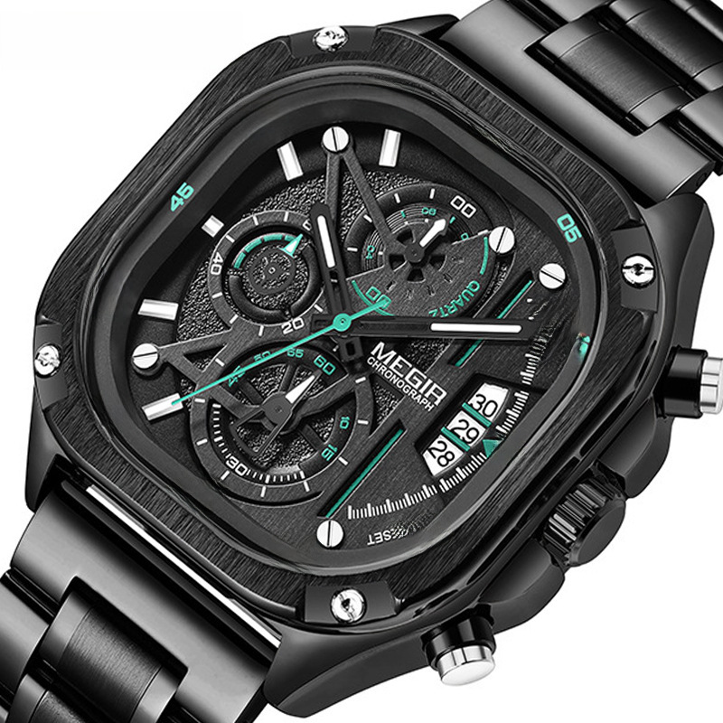 megir Men's Watch Trendy Fashion Square Watch Chronograph Luminous Calendar Men's Watch 2217