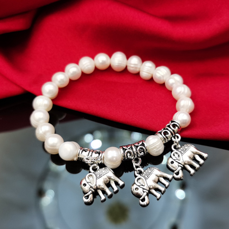 Three Little Elephants Natural Freshwater Pearl Bracelet Women's White Close Round Hand Jewelry Ethnic Style Bracelet Spot