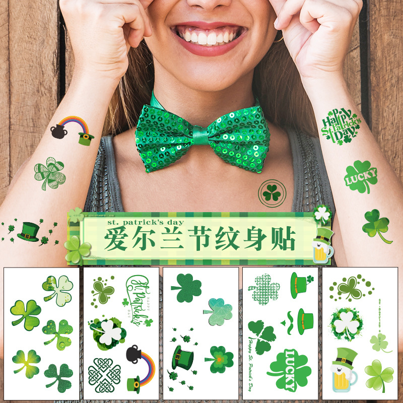 Cross Border Waterproof Sweat Green Hat Clover Face Irish Festival Sticker St Patrick Tattoo Sticker