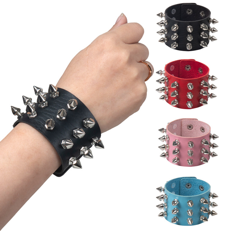 hot punk style exaggerated pointed rivet bracelet Gothic leather bracelet