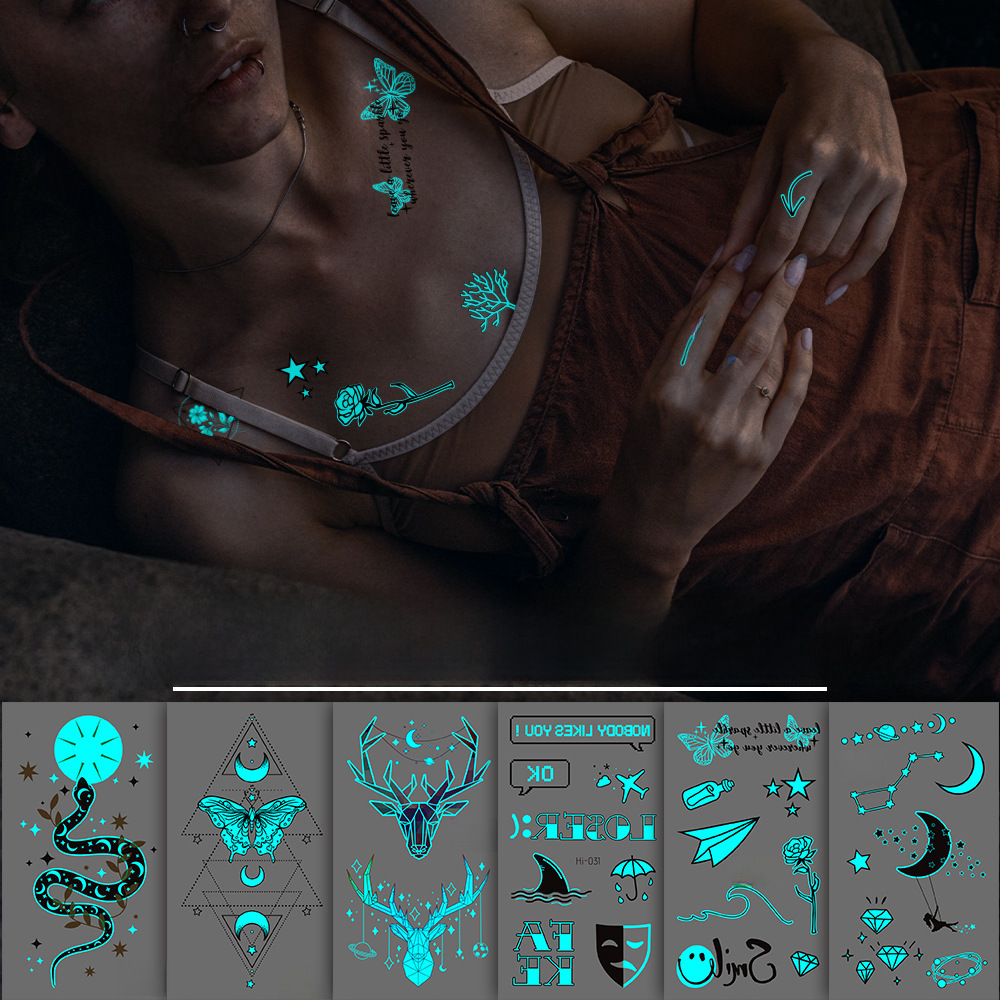 Supply Blue Luminous Tattoo Sticker Waterproof Fresh Snake Butterfly Electric Syllable Party Tattoo Sticker