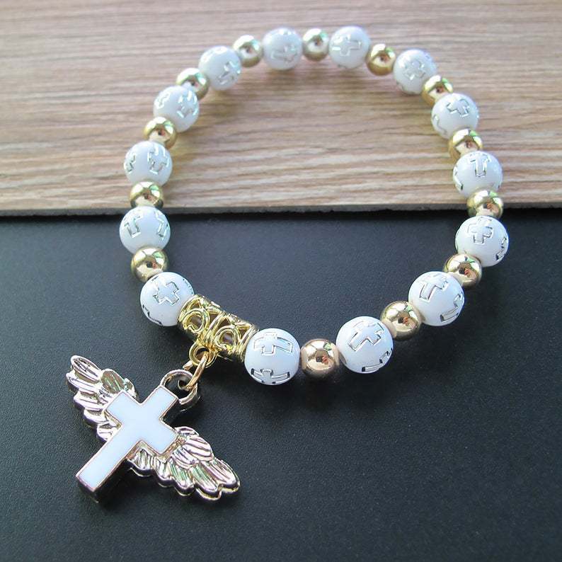 Cross Mirror Hot Selling Bronzing Acrylic Cross Beads Bracelet Oil Dropping Angel Cross Rosary Beads Bracelet