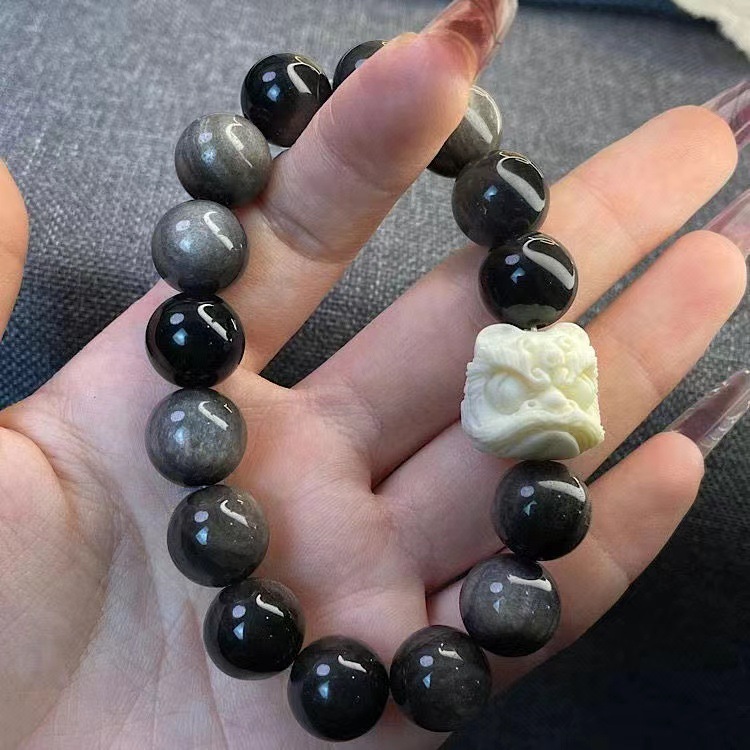 Natural Glaze Imitation Obsidian Lion Dance Bracelet Couple Bracelet Imitation Ivory Fruit Transfer Guofeng Valentine's Day Ceremony