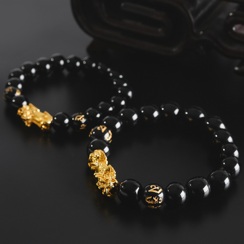 Rough Men's Bracelet Imitation Obsidian Gold Plated Pixiu Bracelet Six Characters True Words Bracelet Boutique Ethnic Style Jewelry