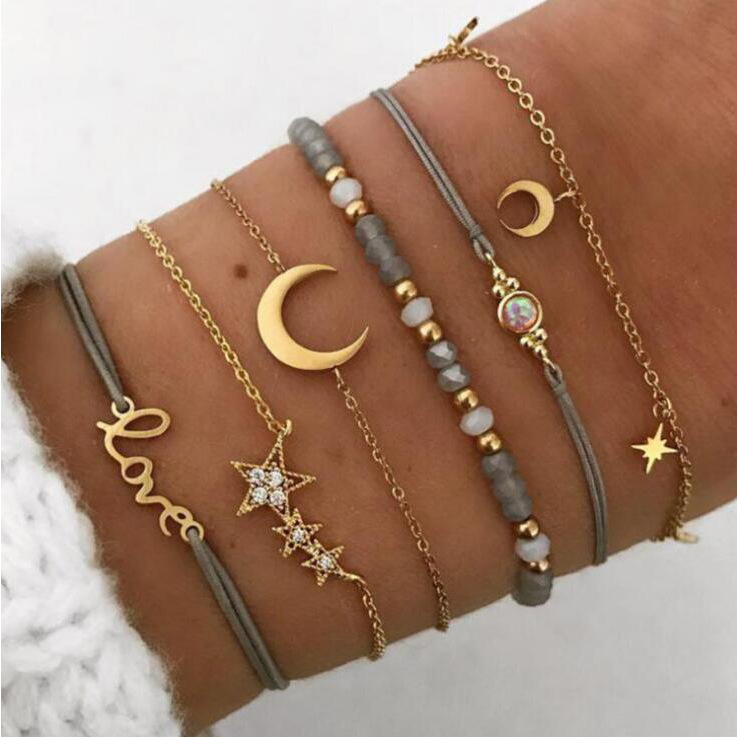 Europe and the United States jewelry fashion simple love five-pointed star moon combination six-piece bracelet bracelet