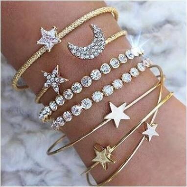 Simple Full Diamond Five-pointed Star Moon Bracelet Set 4-piece Set Creative Gold-plated Peach Heart Combination Opening Bracelet