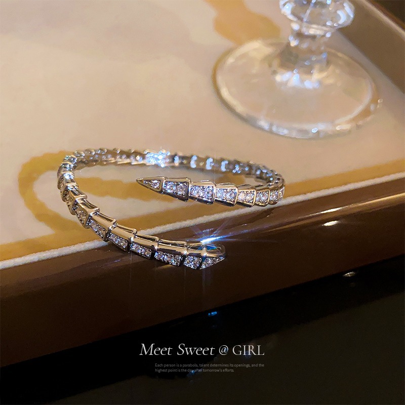 Real Gold Electroplated Sweet Cool Snake Bone Bracelet Female Niche Design Silver Full Zircon Snake Opening Adjustable Bracelet