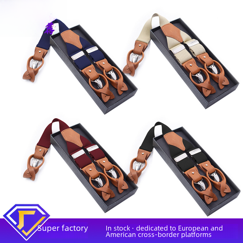 supply 3.5cm elastic elastic 6-clip adult men's strap clip dual-use brown leather Adjustable suspenders