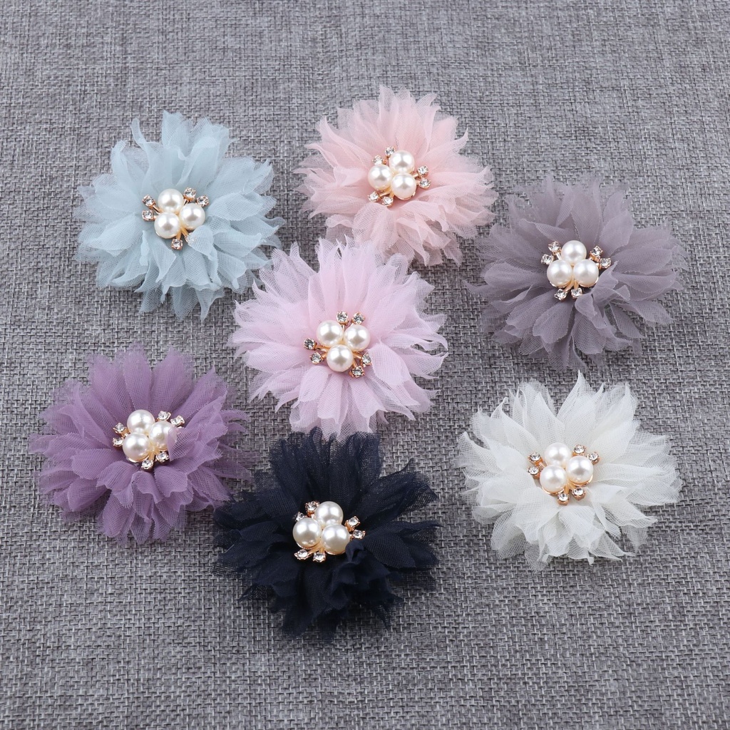 Yiwu cloth flower factory three Pearl mesh fabric flower headband hair band hairpin children's clothing shoes accessories