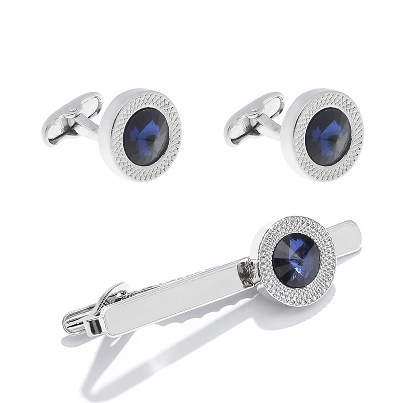 Round Blue Crystal Zircon cufflinks Fashion Shirt Tie Clip cufflinks Men