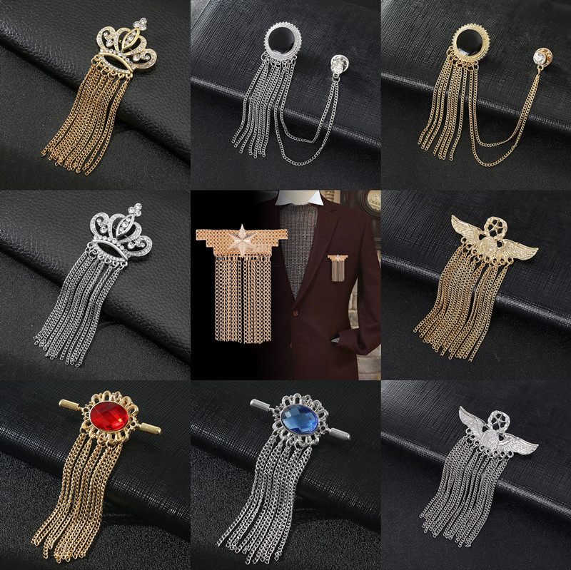 Men's Tassel Elegant Brooch Korean Chain Suit Golden Crown Pin Accessories Clothing Tassel Badge