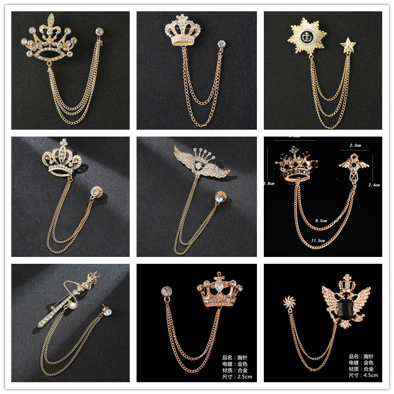 Korean Creative Full Diamond Crown Elegant Chain Brooch Men's Suit Fashion Personality Tassel Brooch