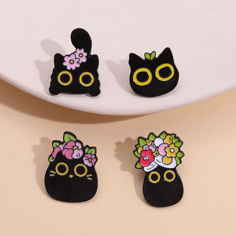 black cat briquettes cute brooch animal cat eyes metal badge bag accessories metal geometric paint