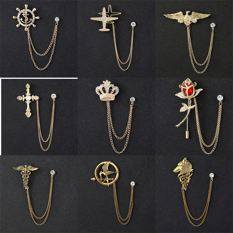 Hot Selling Men's Chain Wolf Head Brooch Flower Tassel Jewelry Suit Crown Aircraft Fashion Pin Accessories