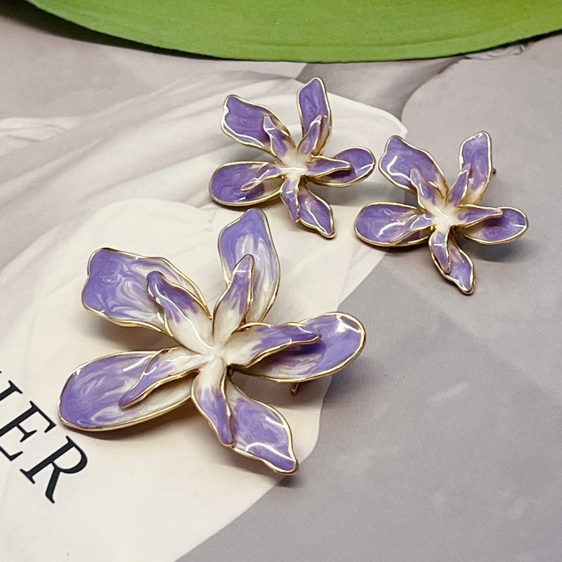 Niche Design Sense Art Enamel Painted Flower Brooch 925 Silver Pin Earrings Qingdao Jewelry Women