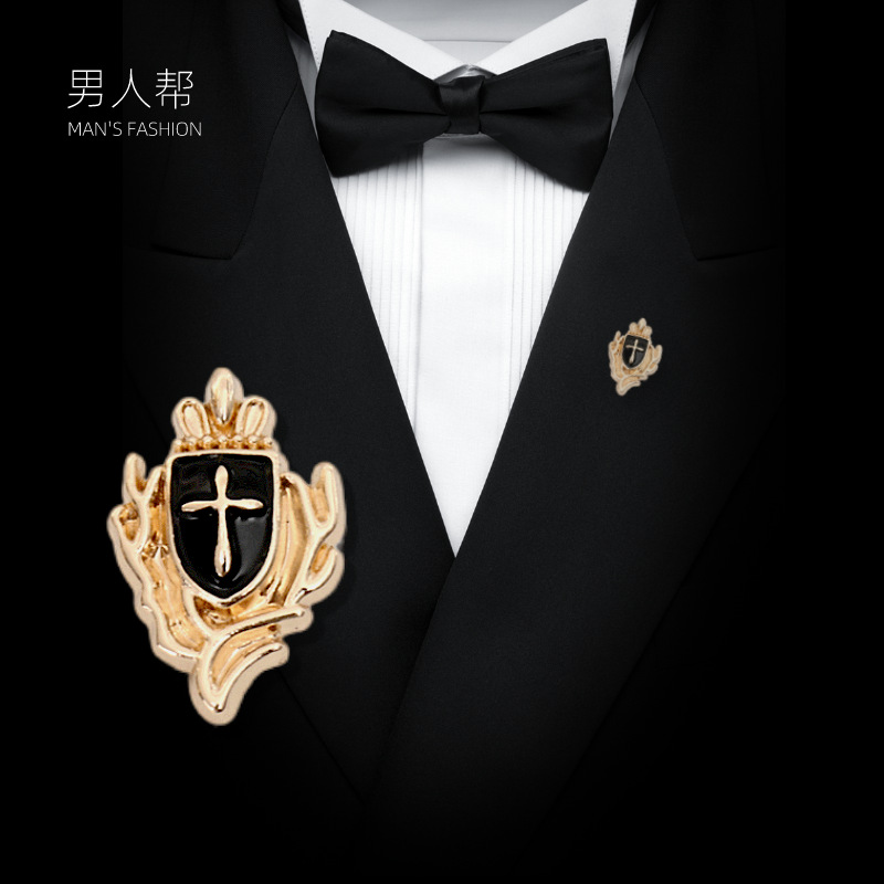 Men's Shield Cross Brooch Metal Paint Shirt Small Collar Needle Joker Dress Wedding Small Pin Buckle