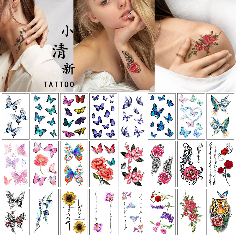 Fresh tattoo stickers English letters flowers butterfly sketch lines waterproof tattoo stickers tattoo