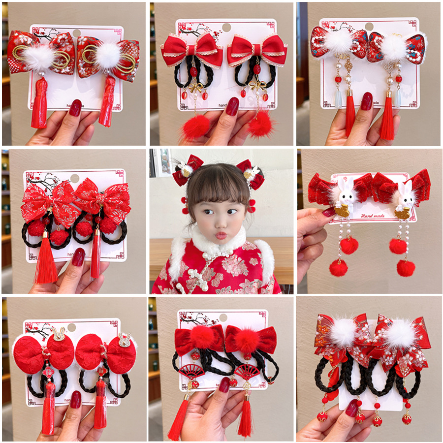Chinese Year Headwear Children's Year Hair Accessories Girls' Wig Bow Year Greeting Hairpin Baby Festive Hairpin