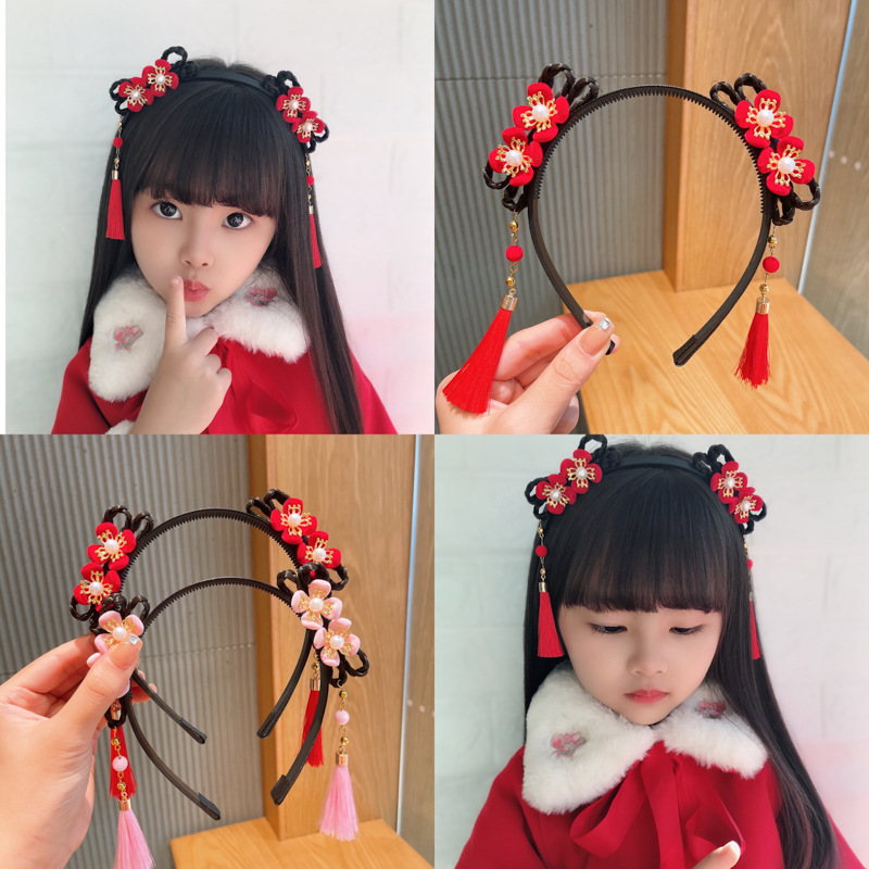 Baby's Wig Braid Tassel Flower Headband Girls' Year Red Hair Accessories Children's Antique Hanfu Style Headwear