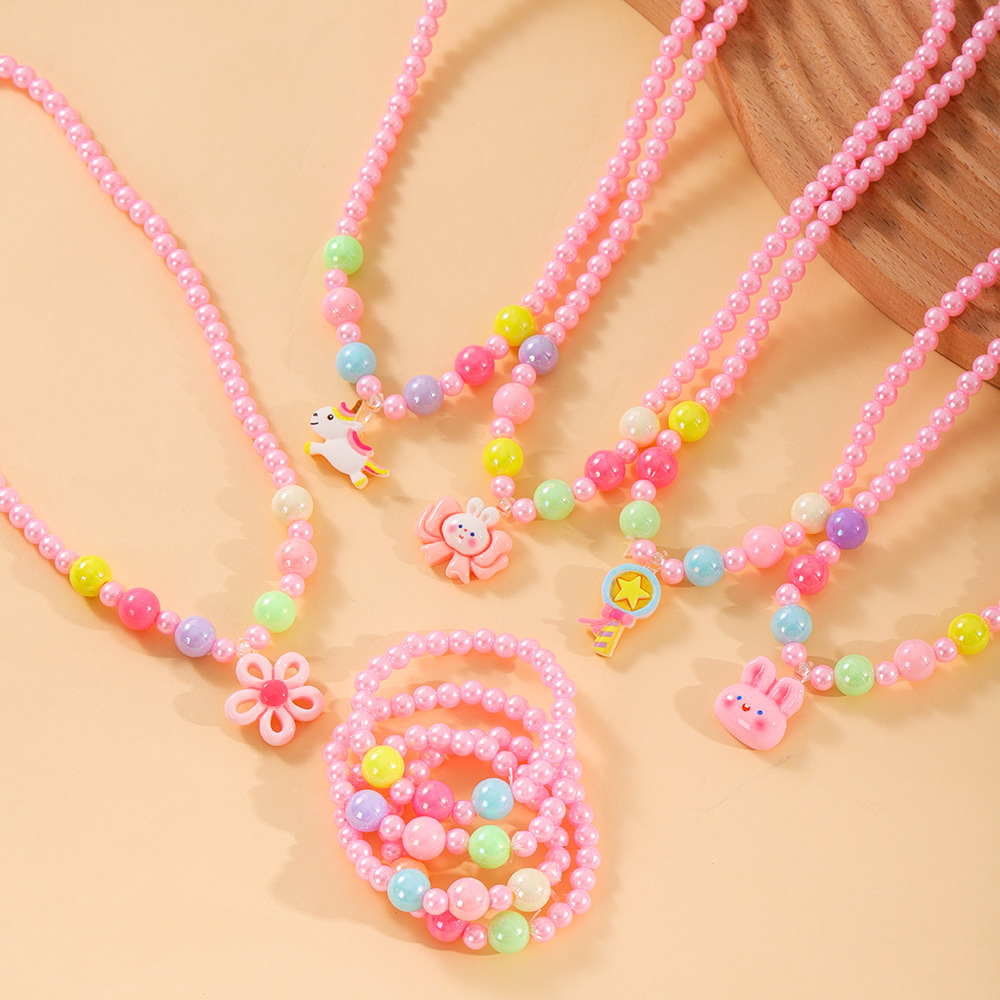 Children's Necklace Set Women's Accessories Handmade Beads Crystal Beaded Pink Flower Cute Ornaments Princess