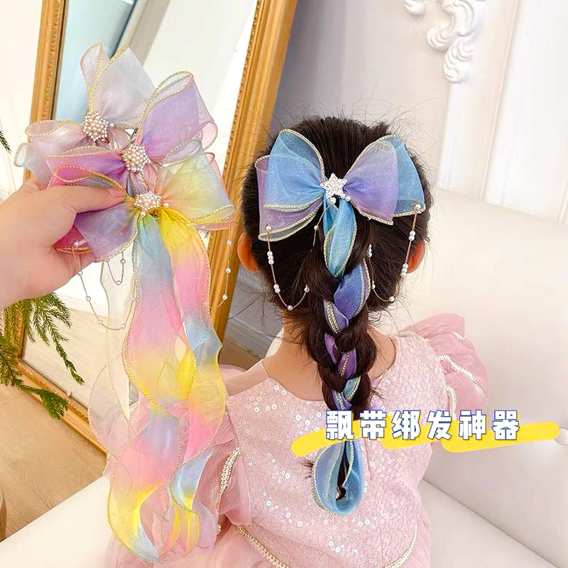 Children's Hair Accessories Girl's Ribbon Bow Hairpin Baby Pearl Headwear Little Girl's Head Flower Princess Braided Hair Hairpin