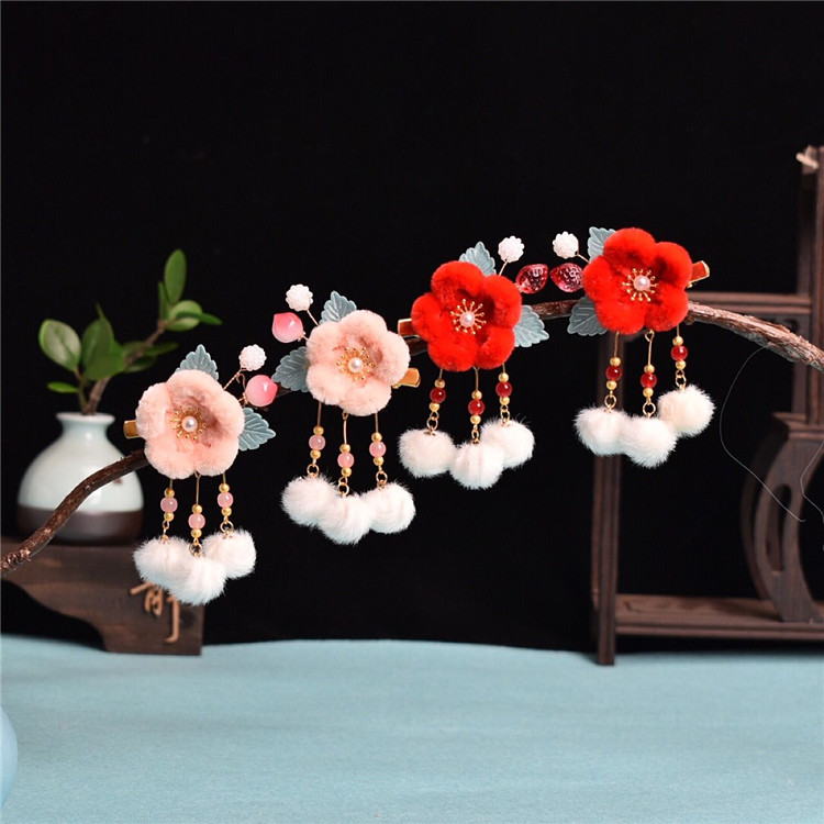 Velvet Flower Hairpin Cute Hair Ball Hair Accessories Ancient Chinese Clothing Accessories Antique Children Glass Strawberry Peach Clip