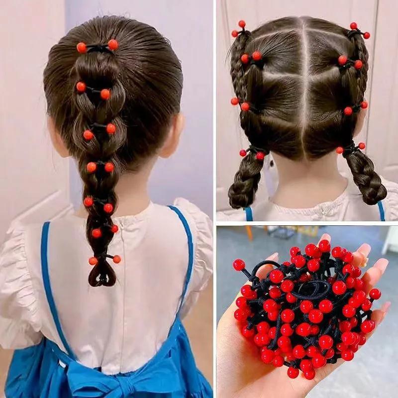 Children's Rubber Band Does Not Harm Hair Girls' Tie Rope Girls' Cute Baby Girl's Little Red Bead Tie Hair Band Hair Rope