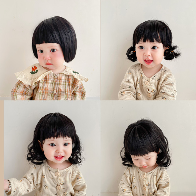 ins爆 款韩版婴儿可爱女童短卷发公主假发帽儿童摄影百天宝宝发饰