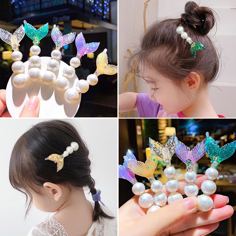 Children's Mermaid Princess Hairpin Super Fairy Headwear Sweet Elegant Pearl Hairpin Korean Internet Celebrity Girl Side Clip