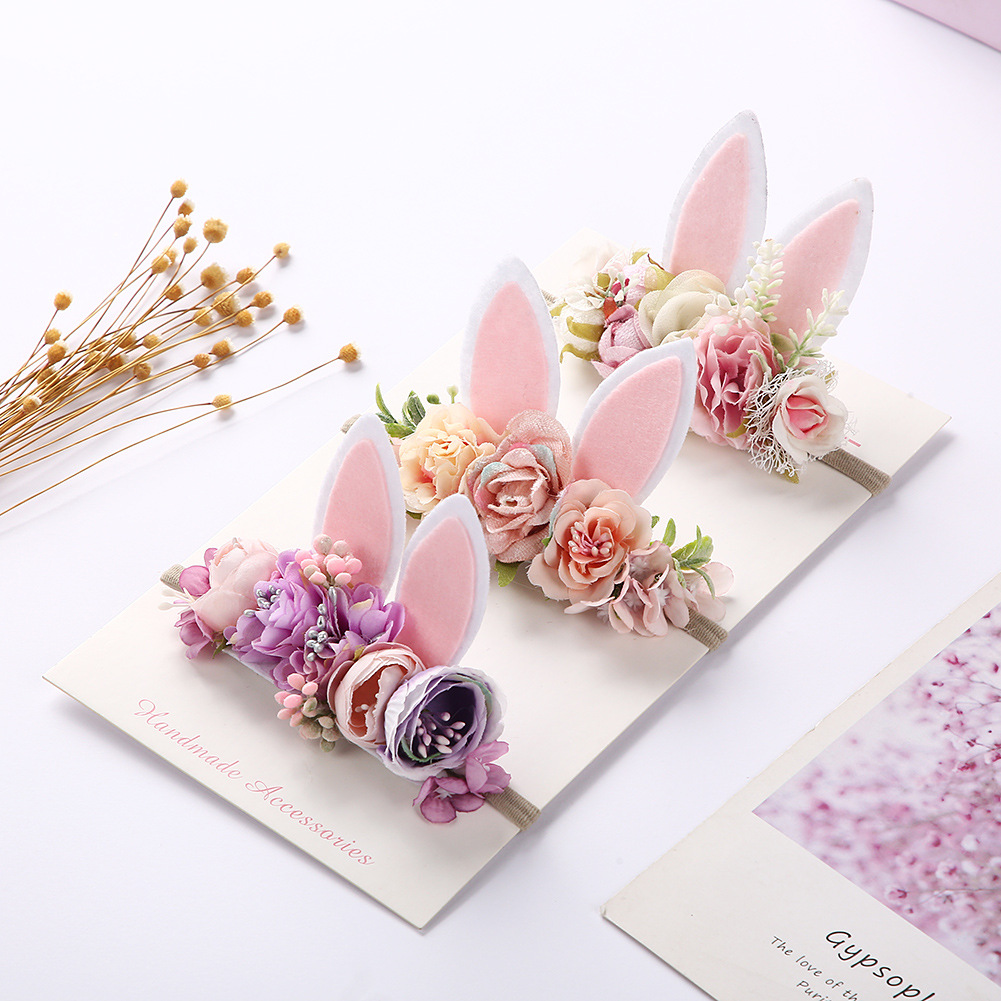 Children's Elastic Hair Band Easter Rabbit Ears Headband Baby Flower Headwear Handmade Hair Accessories