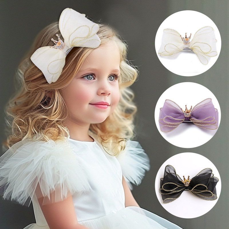 80708 three-layer three-dimensional organza bow hair clip children's crown top clip hair accessories Black Yellow pink hair clip