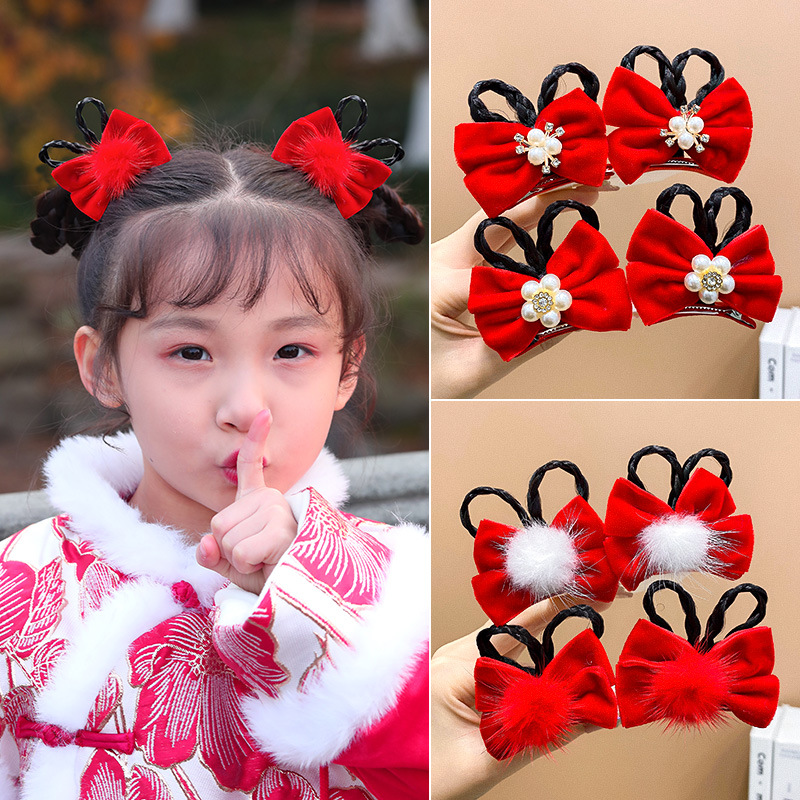 Children's Hairpin Red Chinese Style Festive Hanfu Hair Accessories for Girls Baby Bow Pair Hairpin Headwear Year