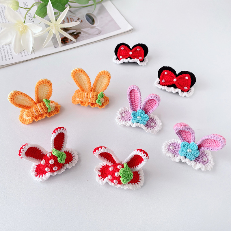 Online celebrity Three-dimensional ear handmade wool crochet children's hairpin star Delu cartoon little girl woven hair accessories