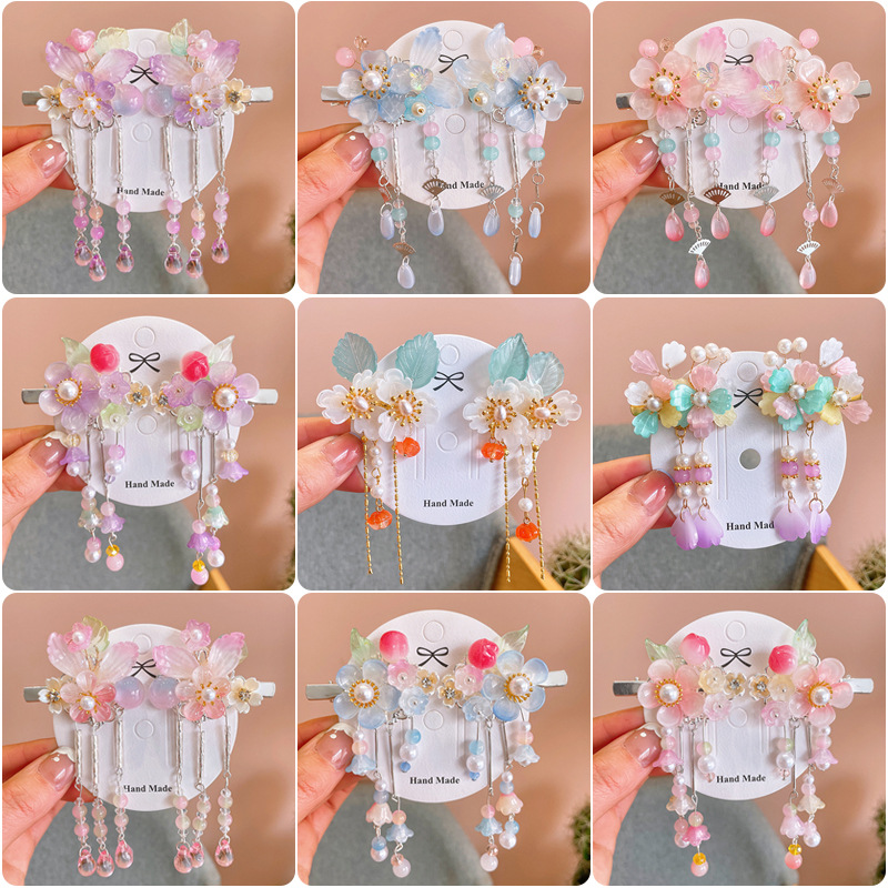 Sweet Chinese Style Hanfu Headwear Children's Flower Tassel Step-by-Step Hairpin Princess Ancient Clothing Accessories Girls' Headwear