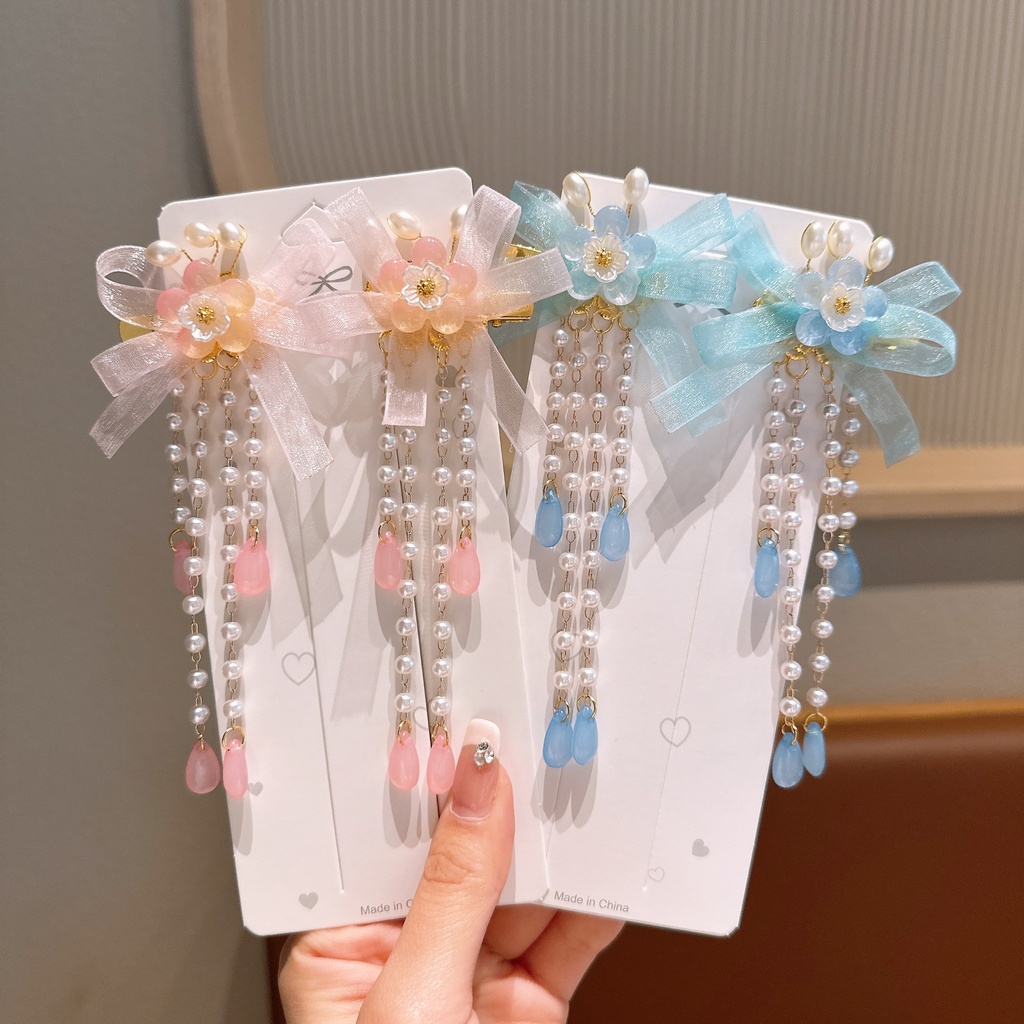 Hanfu headdress petal hairpin tassel step-to-step clip antique side clip fairy style children's hair accessories ancient costume pendant ribbon