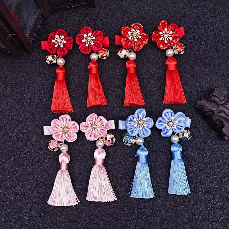 Red Chinese Year Flower Tassel Hairpin Chinese Style Buckle Children's Hairpin Year's Clip Antique Hanfu Accessories