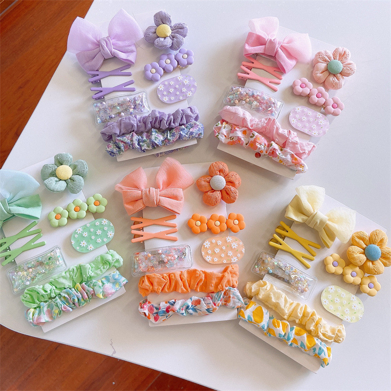 Korean Style Children's Fabric Bow Hairpin Cartoon Floral Large Bowel Cute Girls' Hairband Hair Accessories Side Clip Set