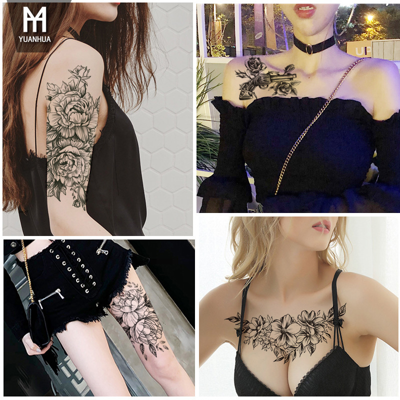 Flower Arm Tattoo Sticker Factory Spot Waterproof Tattoo Sticker Bianhua Black Flower Plain Tattoo Sticker