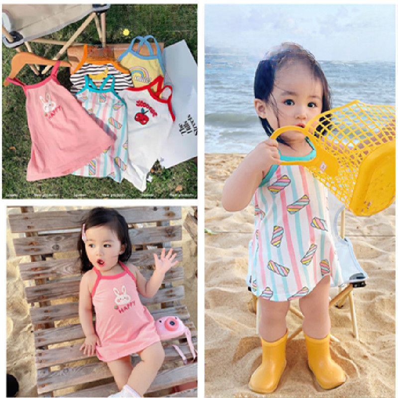 Children's Strap Baby Skirt Summer Ice Silk Print Baby's Summer Dress Children's Women's Backless Skirt Single Piece Thin