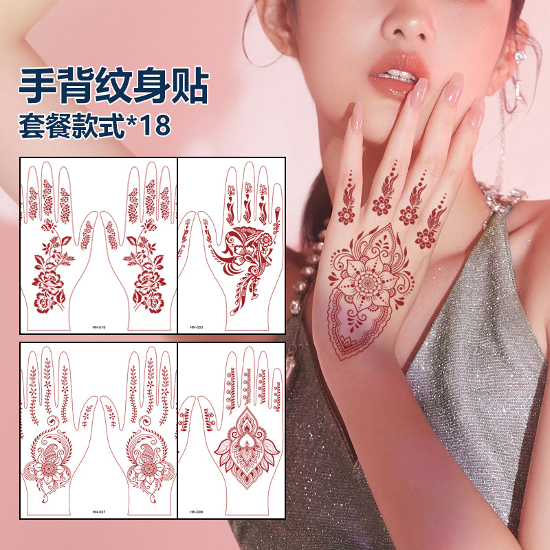 Cross Border Brown henna Lace Waterproof Hand Flower India henna art tattoo Hand Back tattoo Sticker