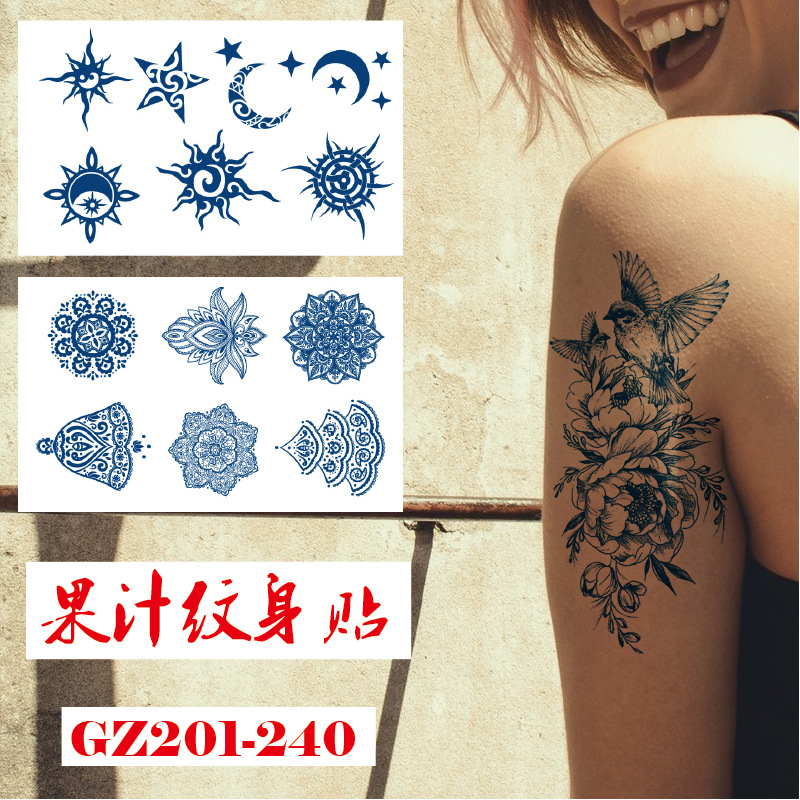 Net red herbal juice tattoo sticker waterproof sweat-proof ink green art Ji simulation half arm semi-permanent tattoo