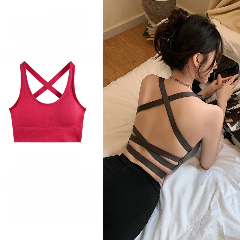 Cross Strap Beautiful Back Sports Vest Hot Girl Short Anti-glare Slimming Inner Wear Outer Wear Shock-proof Bra Pad Tube Top