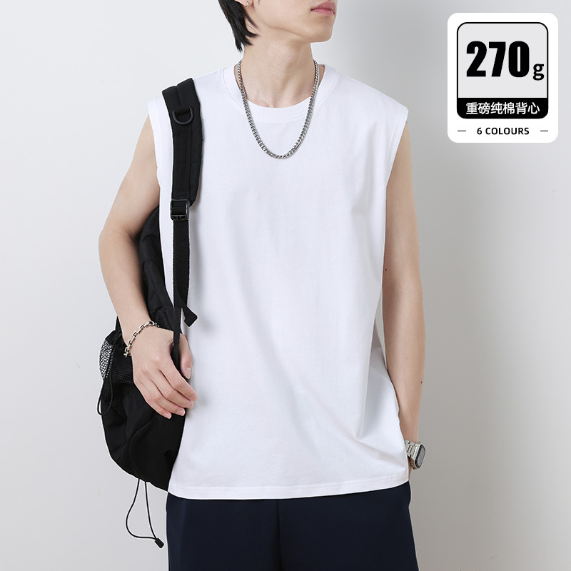 Japanese 270g Heavy Cotton Vest Men's Summer Loose Crewneck Sleeveless T-shirt Xinjiang Cotton Outer Wear Undershirt