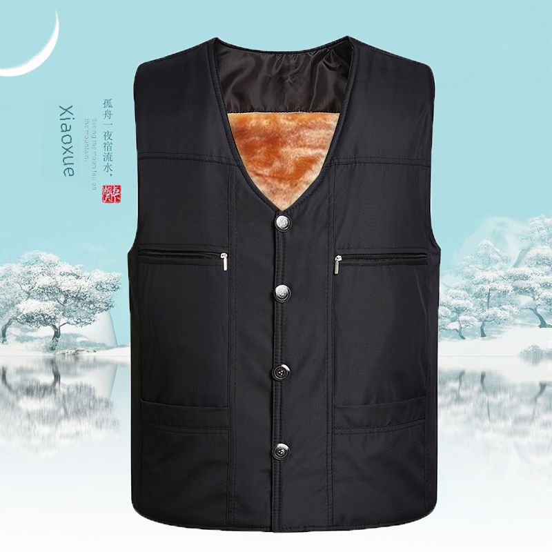 Middle-aged and elderly men's composite cloth cotton vest plus velvet thickened multi-pocket Waistcoat Vest dad winter vest generation hair