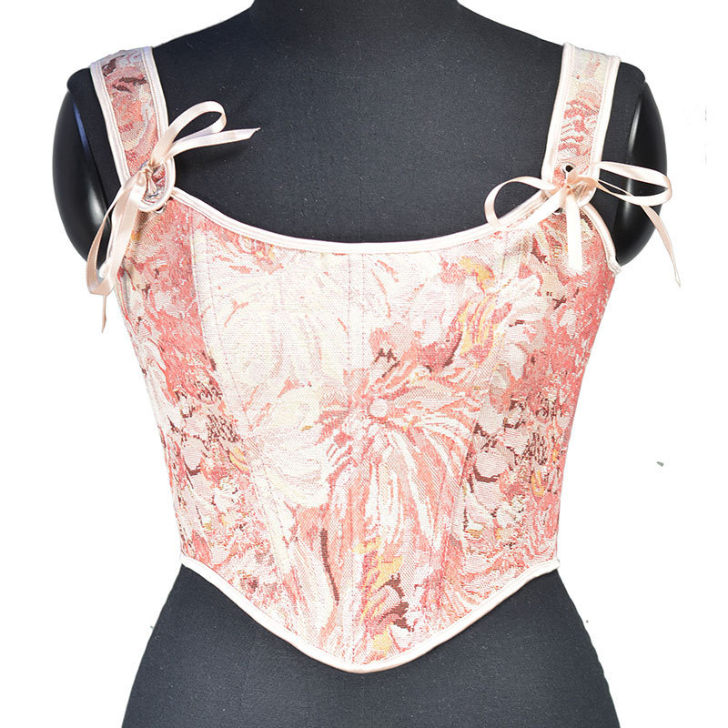 356 Oil Painting French Sweet Pink Ink Chrysanthemum Half Chest Vest Rear Strap Shoulder Strap Adjustable Corset