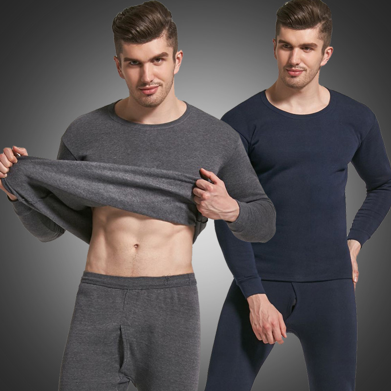 NanRenShuai/NanRenShuai Men's Solid Color Thermal Underwear Round Neck Velvet Lined Thickened Autumn Clothes and Pants